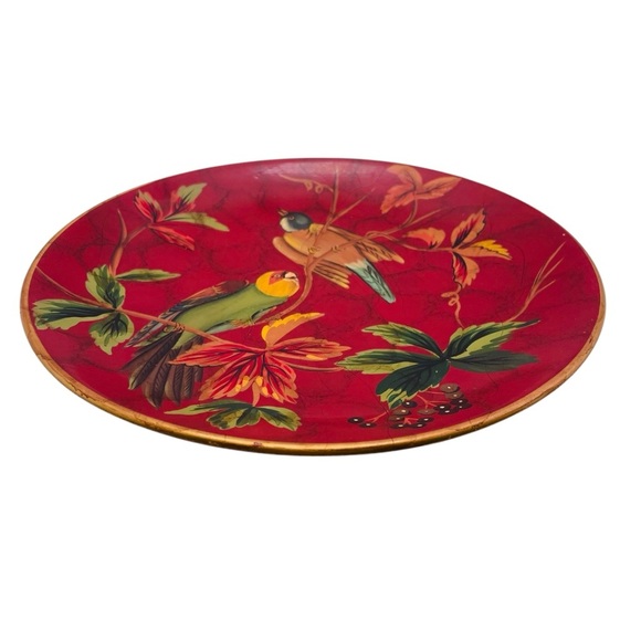 Vintage Decorative Red Plate with Hand-Painted Birds & Leaves –10”Display Plate - Picture 3 of 11
